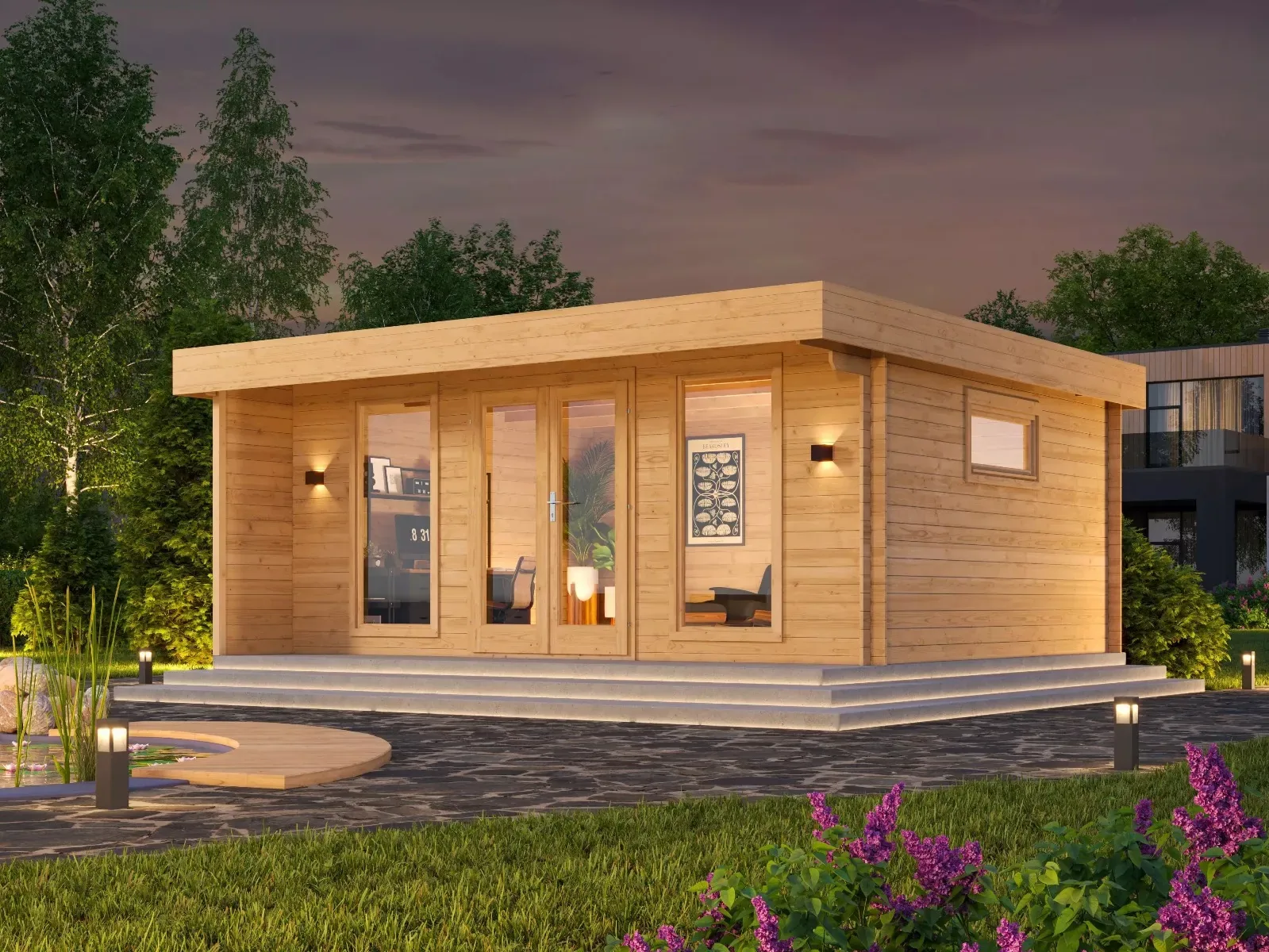 Pergola in legno e metallo con lame orientabili a bordo piscina