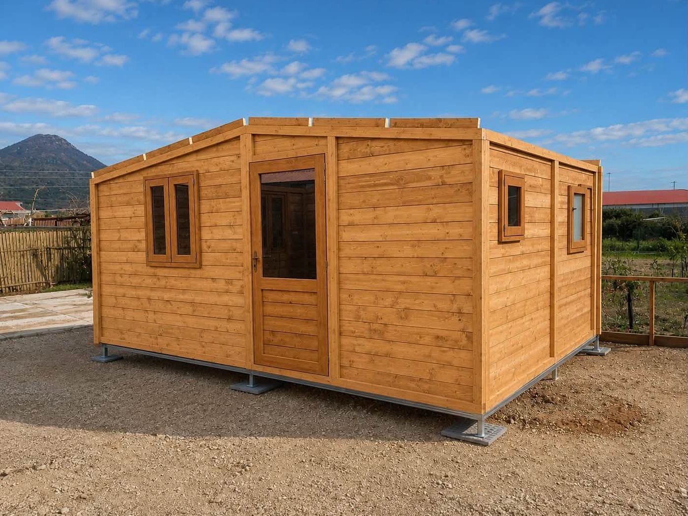 Struttura in legno lamellare da 5 x 4 metri completata, con finestre, porta d'ingresso e pedana in ferro zincato